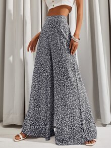 Ditsy Floral Print Wide Leg Trousers - Black and White - View 7