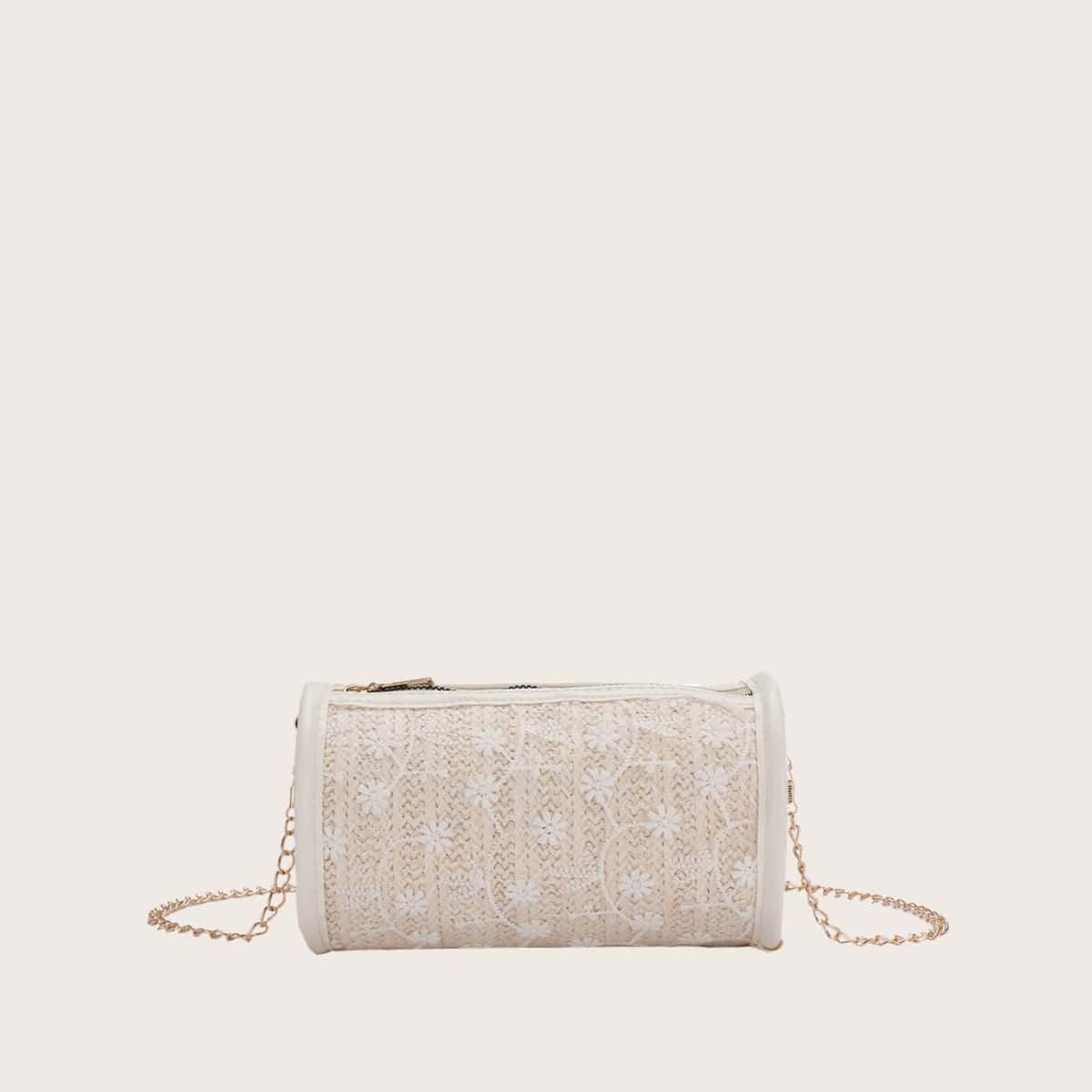 

Floral Straw Cylindrical Crossbody Bag, Beige