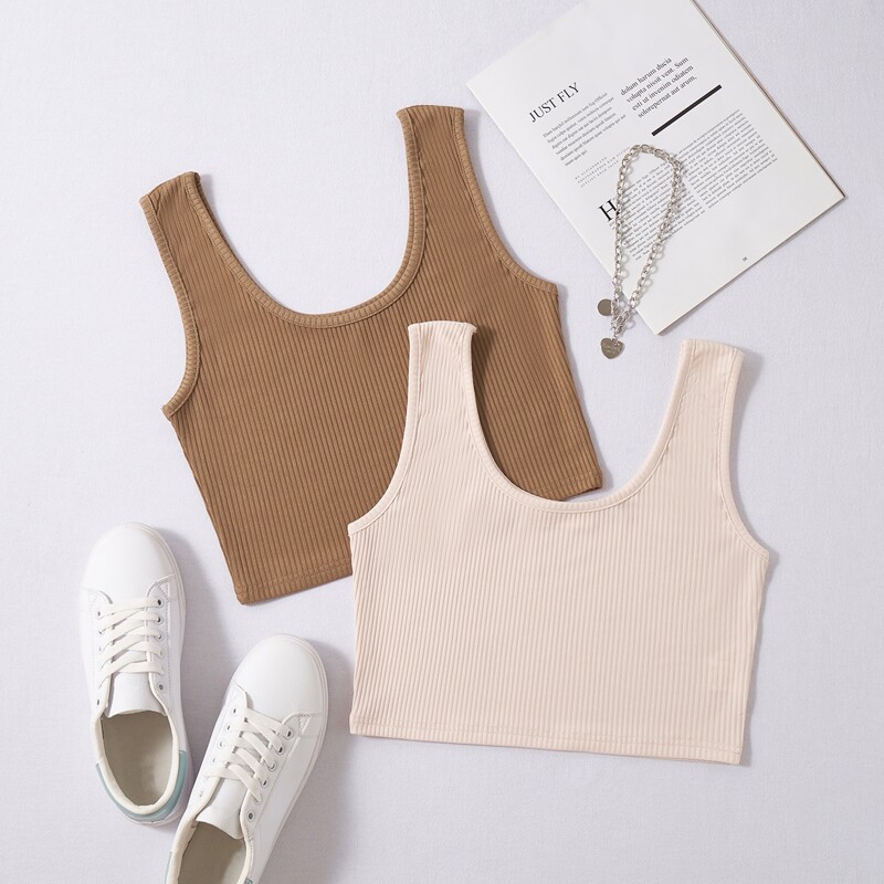 

2pcs Solid Ribbed Tank Top, Multicolor