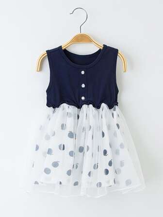 YINGZIFANG Toddler Girls Polka Dot Contrast Mesh Dress