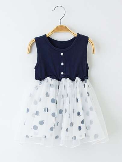 YINGZIFANG Vestido De Malla Con Lunares Para Niñas Pequeñas Con Contraste