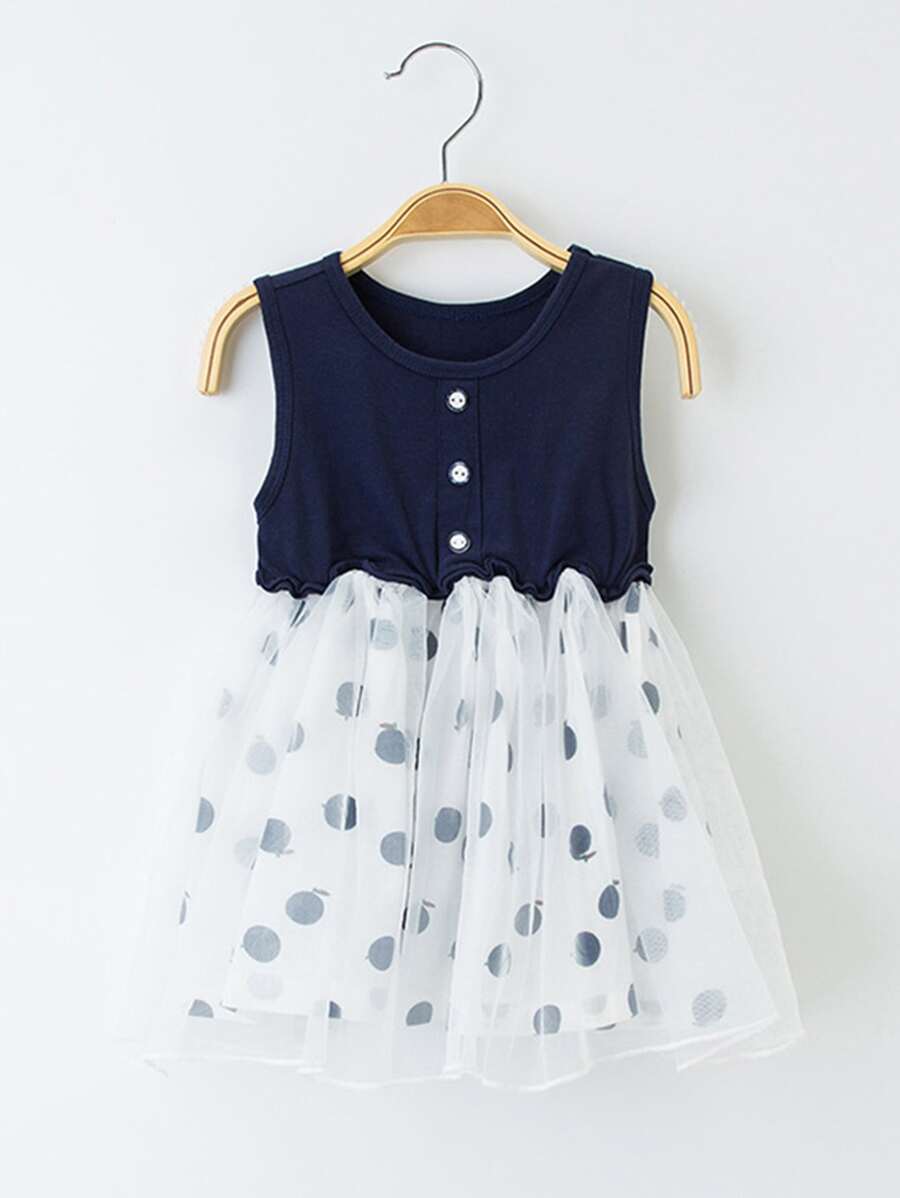 Vestido De Malla Con Lunares Para Niñas Pequeñas Con Contraste - Azul y blanco - Ver 1