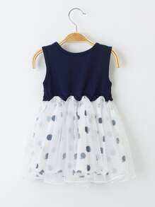 Vestido De Malla Con Lunares Para Niñas Pequeñas Con Contraste - Azul y blanco - Ver 2