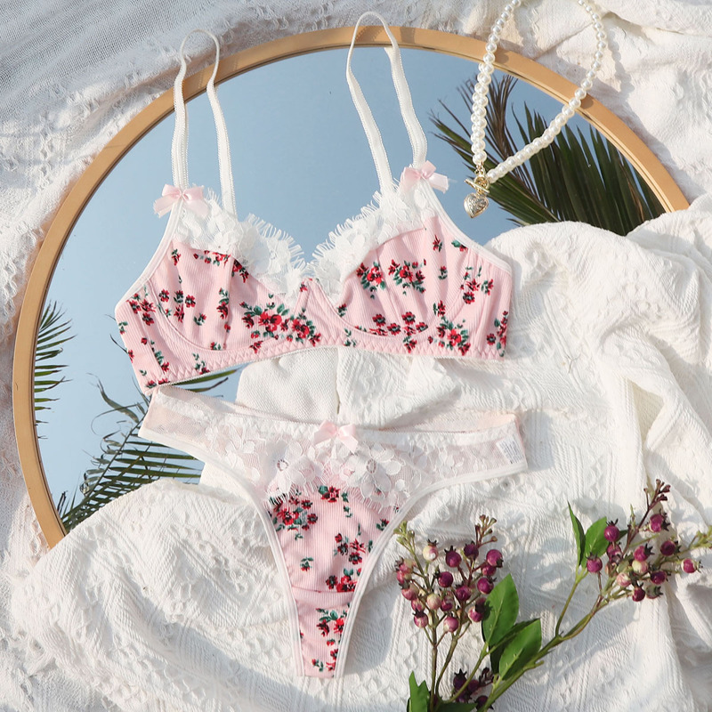 

Floral Print Contrast Lace Push Up Lingerie Set, Pink