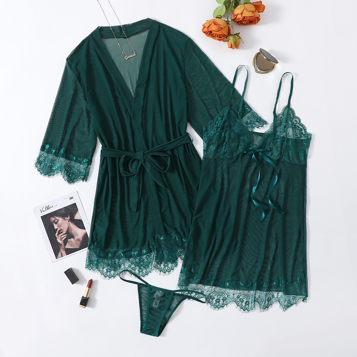 3шт сетчатая комбинация & стринги & халат с поясом