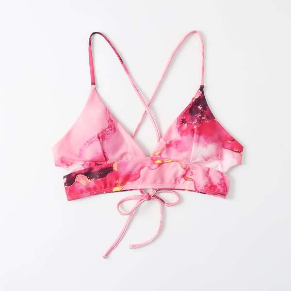 

Marble Print Tie Back Bikini Top, Pink