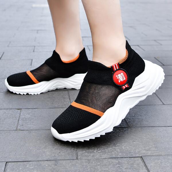

Girls Chinese Letter Graphic Knit Sneakers, Black