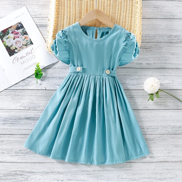 

Toddler Girls Puff Sleeve Belted A-line Dress, Mint blue