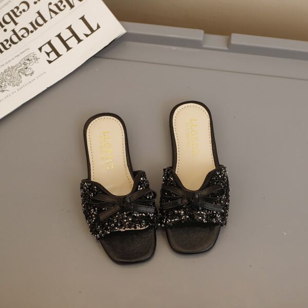 

Girls Metallic Sequin & Bow Decor Slides, Black