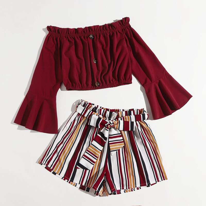 

Solid Button Crop Top & Striped Belted Shorts, Multicolor