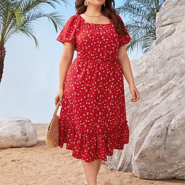 

Plus Ditsy Floral Flutter Sleeve Ruffle Hem Dress, Red