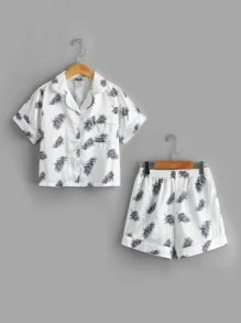 Boys Satin Tropical Print Lapel Collar PJ Set