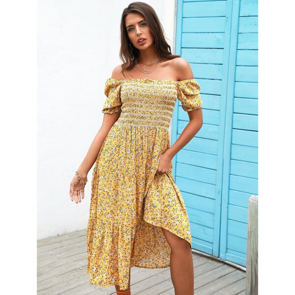 

Off Shoulder Shirred Bodice Ditsy Floral Dress, Multicolor