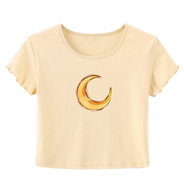 

Moon Print Lettuce Trim Crop Tee, Apricot