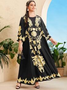 SHEIN Plus Baroque Print Tunic Dress - Black - View 1