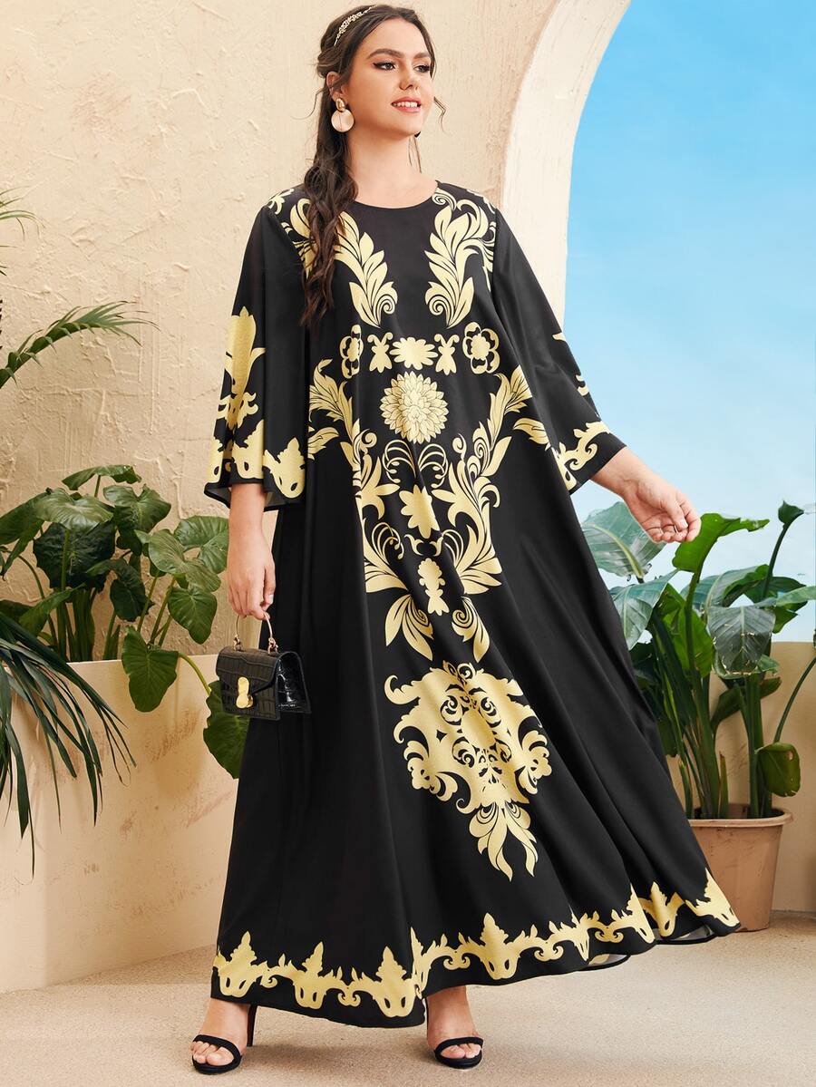 SHEIN Plus Baroque Print Tunic Dress - Black - View 1