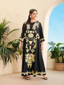 SHEIN Plus Baroque Print Tunic Dress - Black - View 3