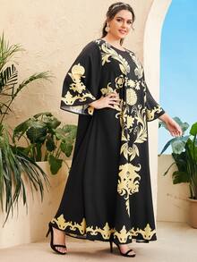 SHEIN Plus Baroque Print Tunic Dress - Black - View 5