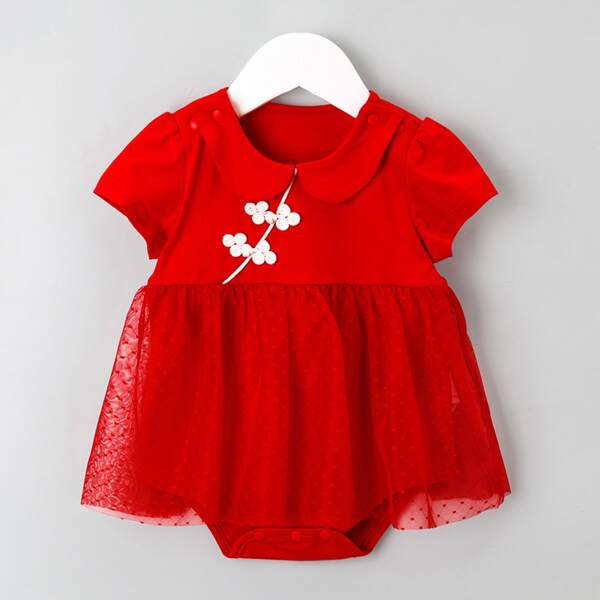 

Baby Girl Frog Buttoned Swiss Dot Mesh Overlay Bodysuit, Red