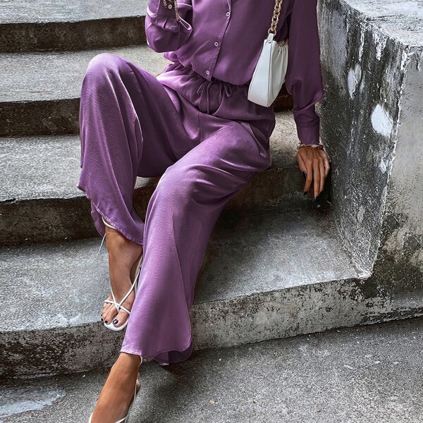 

Solid Split Wide Leg Pants, Purple