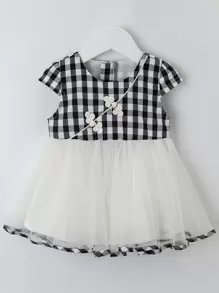 YINGZIFANG Vestido De Combinación Frog Button Gingham Mesh Para Niñas Pequeñas