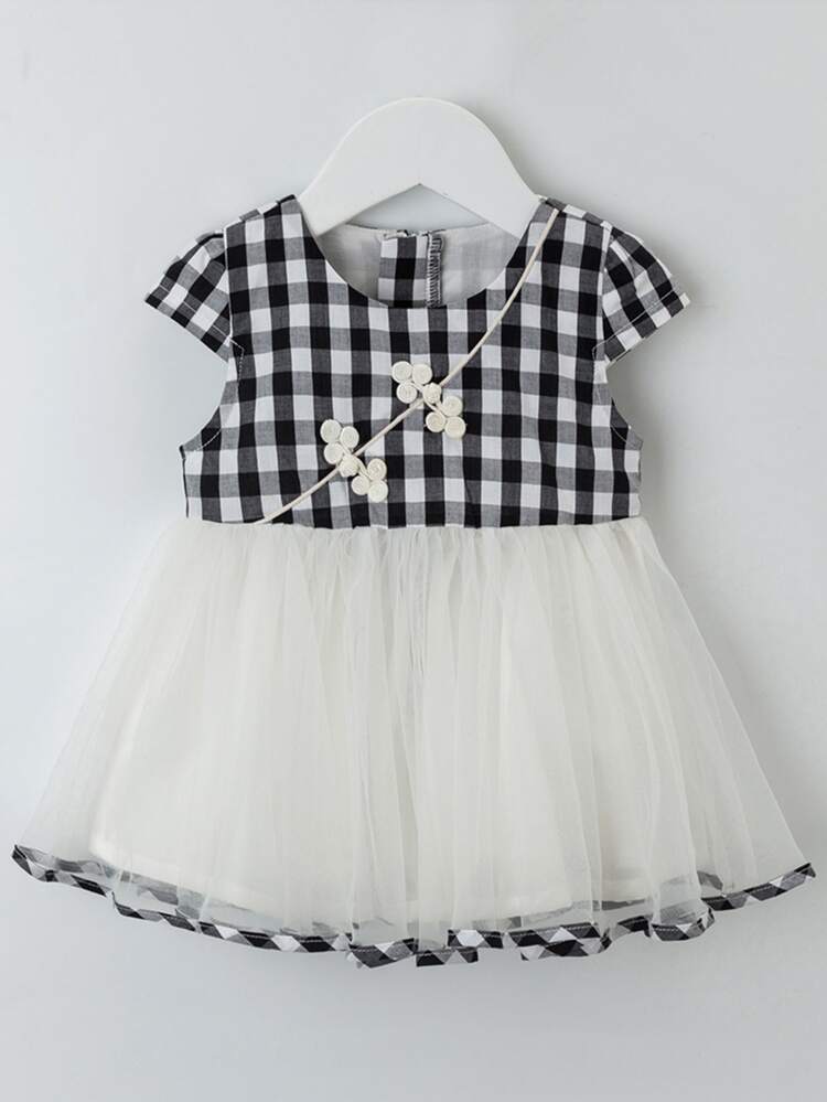 YINGZIFANG Toddler Girls Frog Button Gingham Mesh Combo Dress