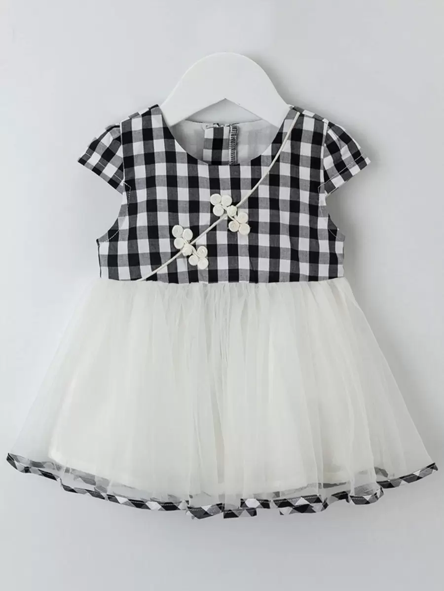 YINGZIFANG Vestido De Combinación Frog Button Gingham Mesh Para Niñas Pequeñas