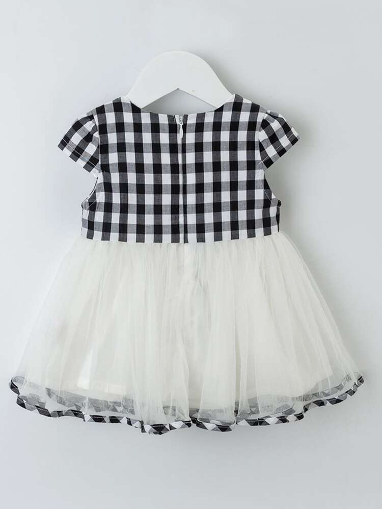 YINGZIFANG Toddler Girls Frog Button Gingham Mesh Combo Dress