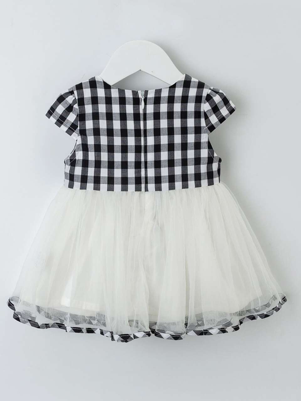 YINGZIFANG Toddler Girls Frog Button Gingham Mesh Combo Dress