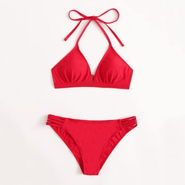

Halter Triangle Thong Bikini Swimsuit, Red