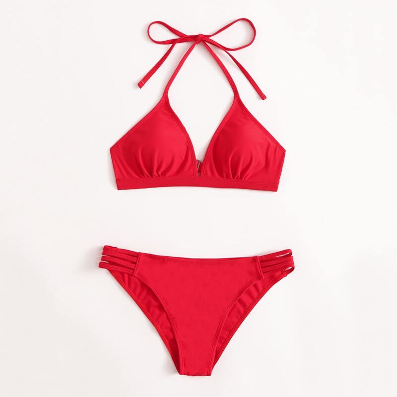 

Halter Triangle Thong Bikini Swimsuit, Red