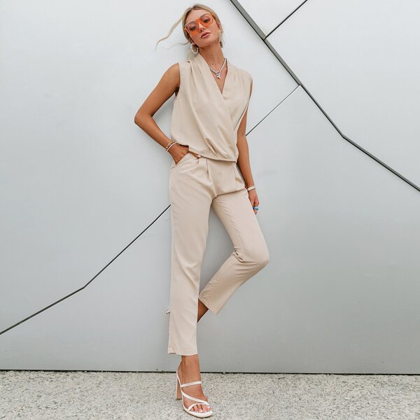 

Surplice Neck Fold Pleat Cropped Jumpsuit Without Belt, Apricot