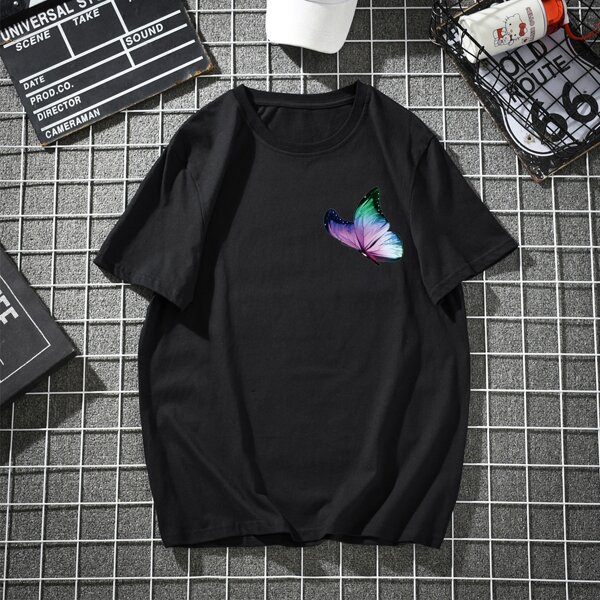 

Men Slogan And Butterfly Print Tee, Black