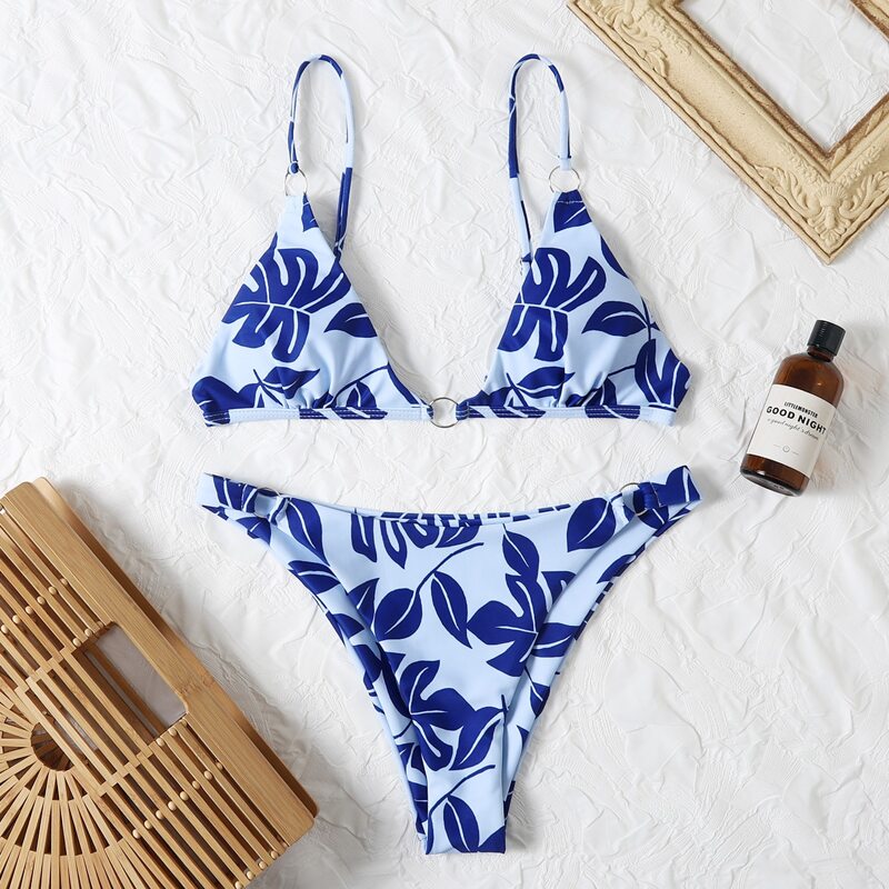 

Tropical Random Print Ring Linked Bikini Swimsuit, Blue