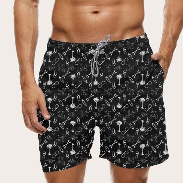 

Men Tropical Print Drawstring Waist Swim Trunks, Black