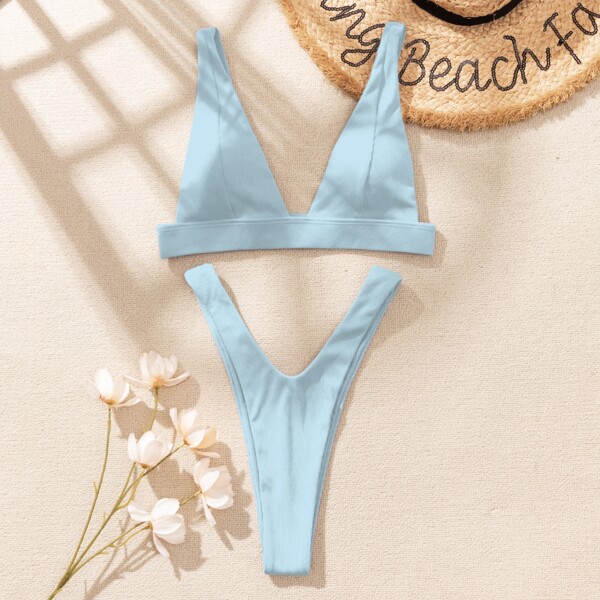 

Rib V Neck High Cut Bikini Swimsuit, Baby blue