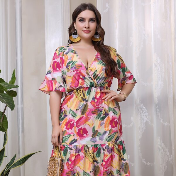 

Plus Surplice Front Allover Floral Dress, Multicolor