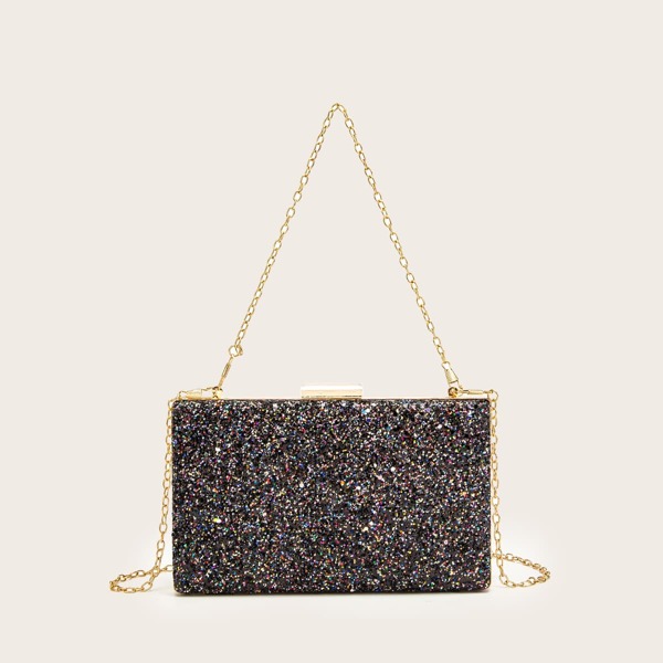 

Allover Glitter Decor Chain Box Bag, Black