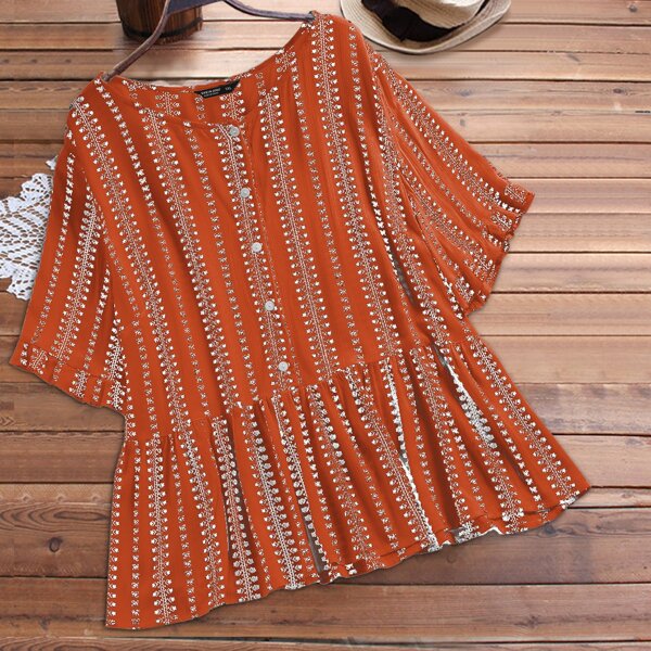 

Plus Ditsy Floral Button Front Peplum Blouse, Burnt orange