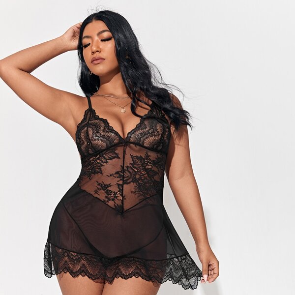 

Plus Contrast Lace Mesh Slips, Black
