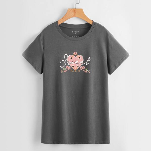 

Letter And Heart Print Tee, Dark grey