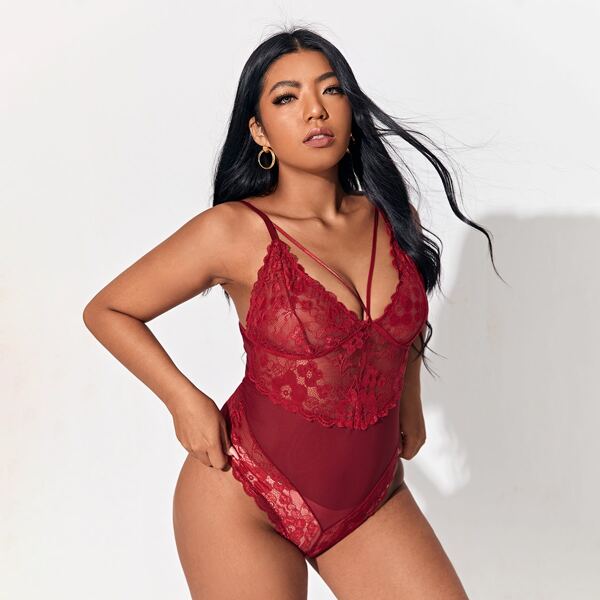 

Plus Floral Lace Harness Teddy Bodysuit, Burgundy