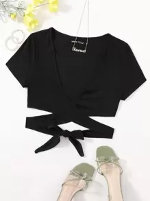 Breezaya Plunging Neck Wrap Cross Tie Back Crop Top - Black - View 1