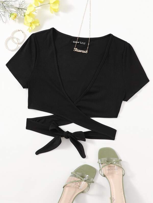 Breezaya Plunging Neck Wrap Cross Tie Back Crop Top