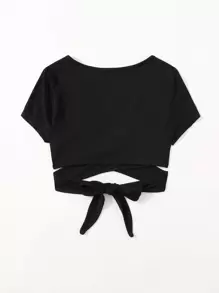 Breezaya Plunging Neck Wrap Cross Tie Back Crop Top - Black - View 2