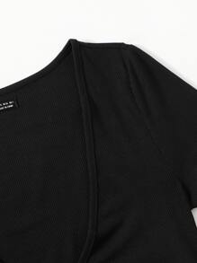 Breezaya Plunging Neck Wrap Cross Tie Back Crop Top - Black - View 3