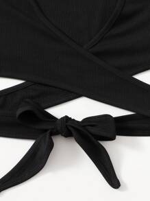 Breezaya Plunging Neck Wrap Cross Tie Back Crop Top - Black - View 4