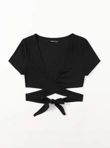 Breezaya Plunging Neck Wrap Cross Tie Back Crop Top - Black - View 5