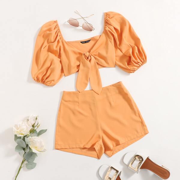 

Puff Sleeve Tie Front Crop Top & Shorts Set, Orange