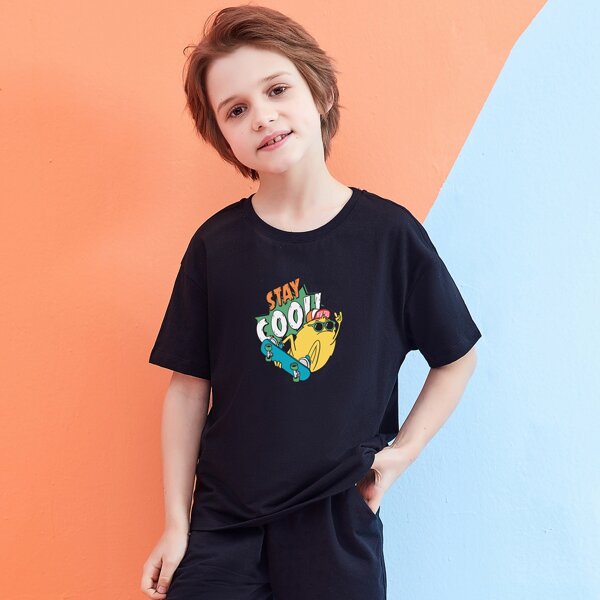 

Boys Slogan & Cartoon Graphic Drop Shoulder Tee, Black